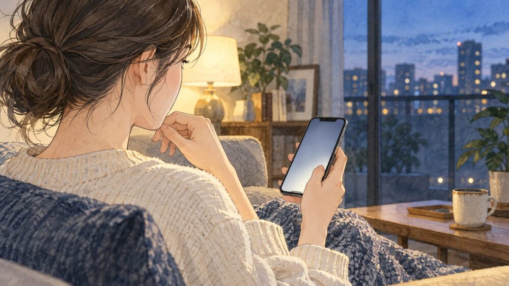 自宅でスマートフォンを見ながら、返事を急がず気持ちを整える女性。