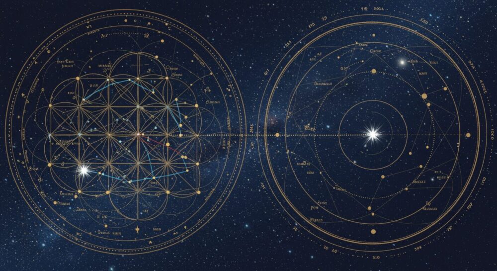 二つの魂が、壮大な宇宙の設計図（神聖な理由）の上で、あえて距離を置くことで完璧な調和を保っている様子を描きます。