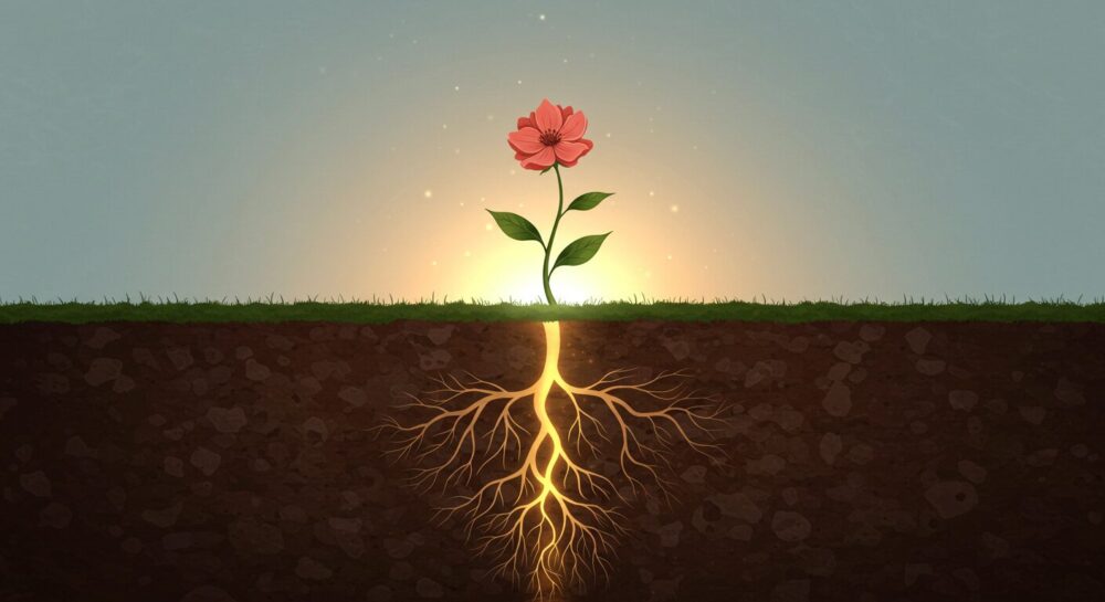 地上では一本の花にしか見えなくても、見えない魂の世界では、もう一本の花と根を深く絡ませ合っている「魂の繋がり」を表現します。