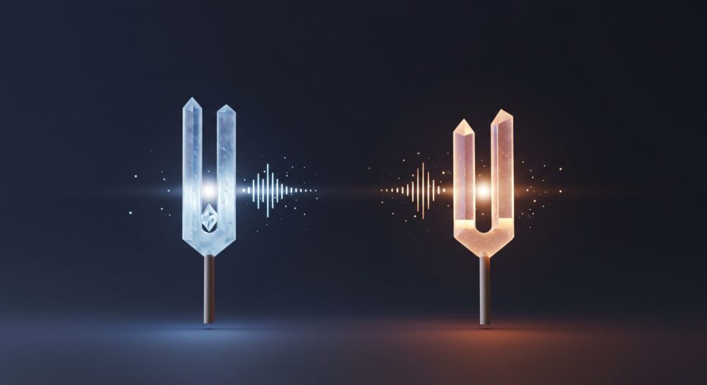  離れた場所にある二つの魂が、まるで音叉のように、片方の振動がもう片方に寸分違わず伝わる「魂の共鳴」を描きます