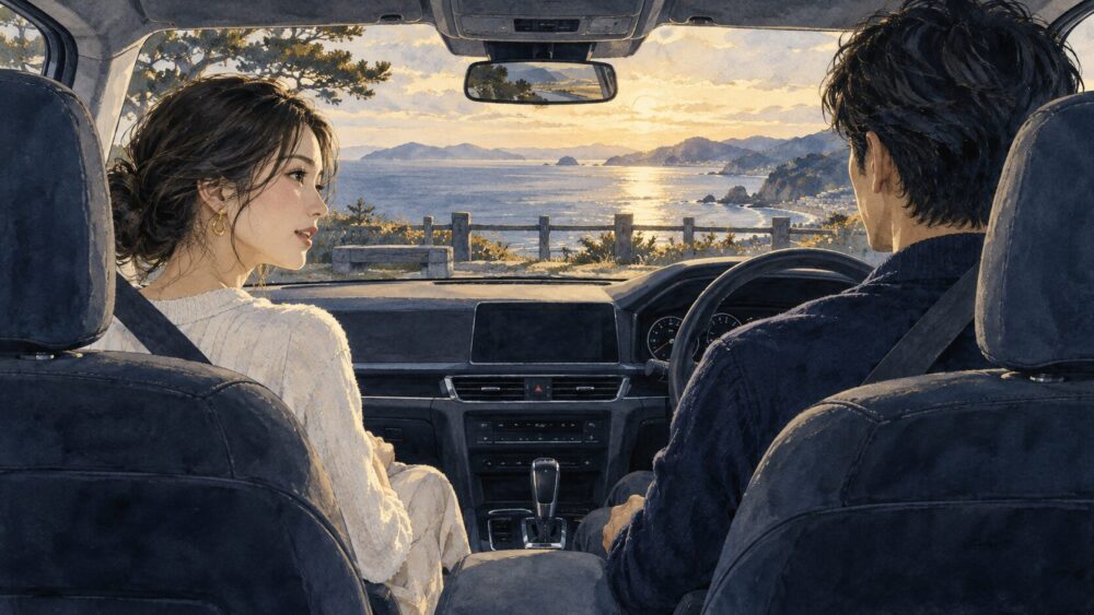 停車中の車内で海を眺めながら会話する男性と女性。