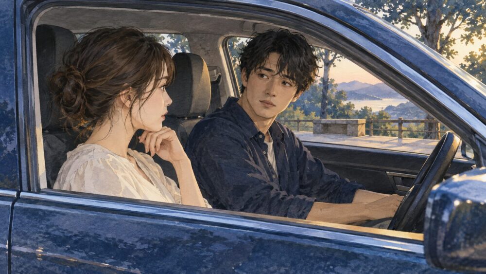 停車した車内で向き合って話す運転席の男性と助手席の女性。