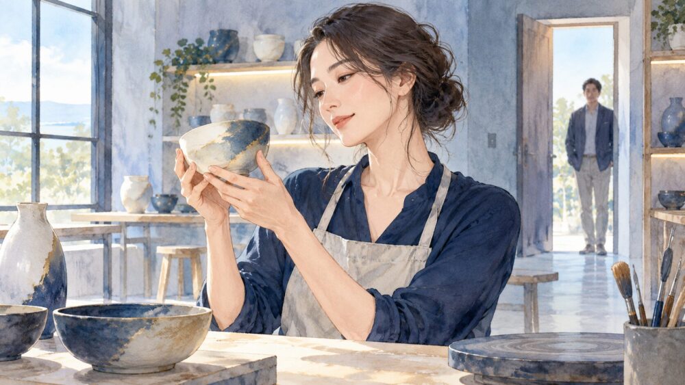 陶芸工房で自分の作品に向き合う女性と、少し離れて見守る男性。