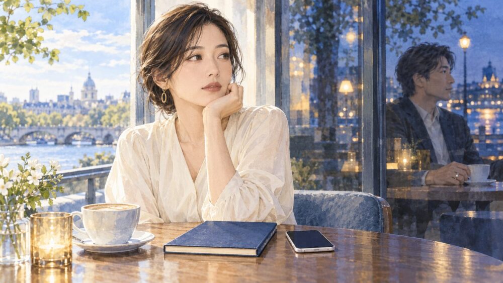カフェで相手の言葉や行動、距離感を考える女性と、少し離れて座る男性。