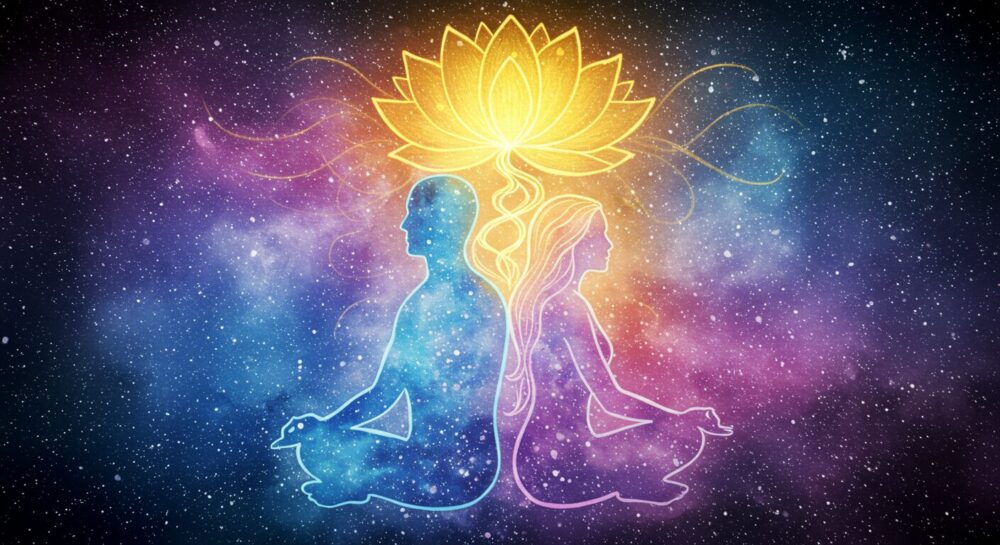 幻想的な水彩イラスト。男性（柔らかい青い光）と女性（柔らかい紫の光）のシルエットが、瞑想のポーズで背中合わせに座っている。それぞれのエネルギーから光の糸が立ち上り、頭上で絡み合い、柔らかい宇宙の背景に対して輝く金色の蓮の花を咲かせている。違いを愛と調和に変えることを象徴している。