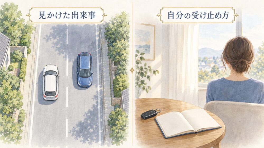 二台の車がすれ違う出来事と、停車後に自分の気持ちを振り返る場面を並べたイラスト。
