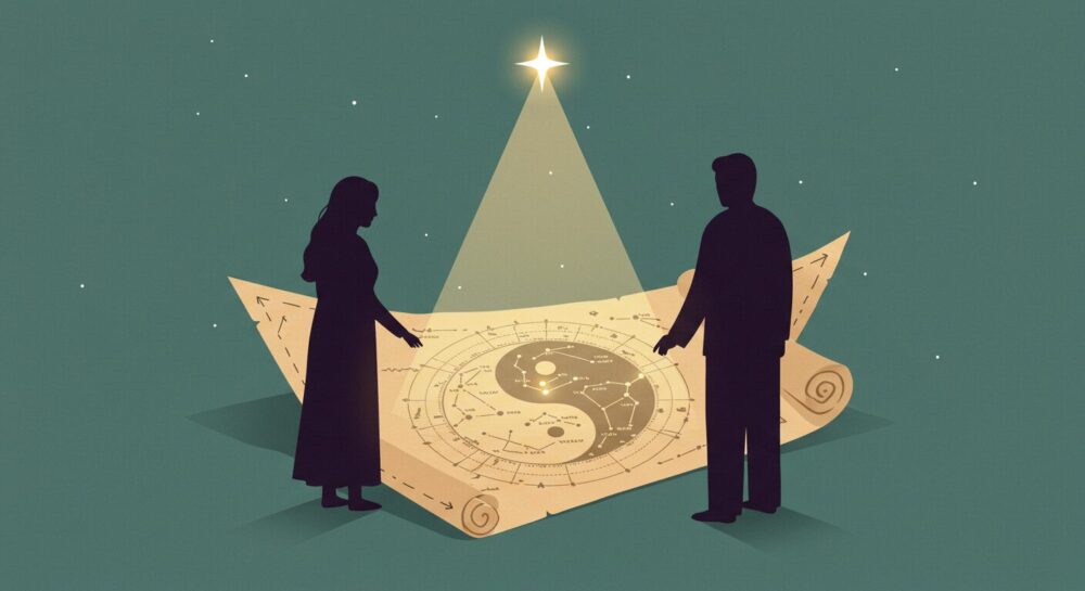 ツインレイの特別な魂の地図を、専門家の導きで読み解いている様子を象徴するイラスト