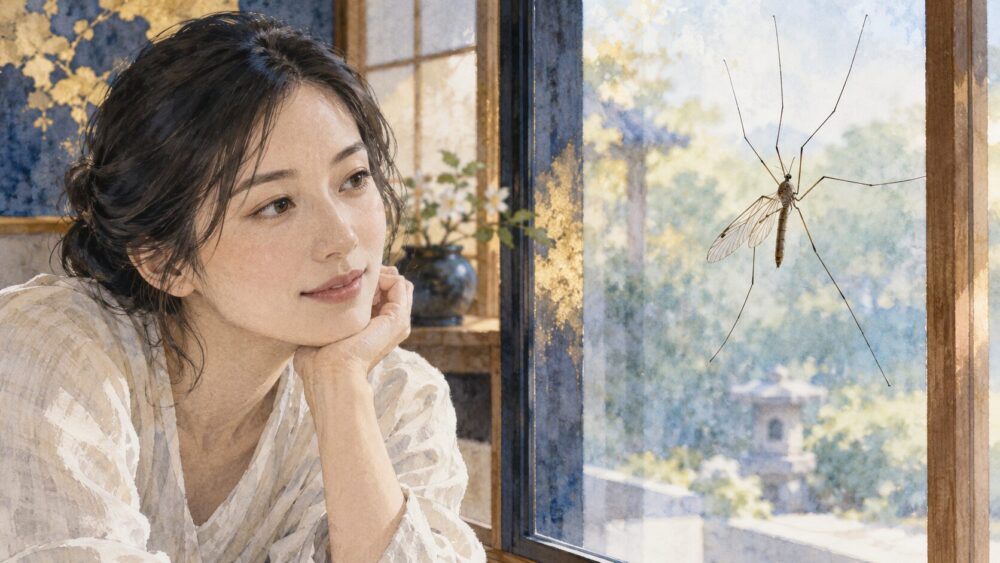 窓辺にとまるガガンボを、室内から静かに観察する女性。