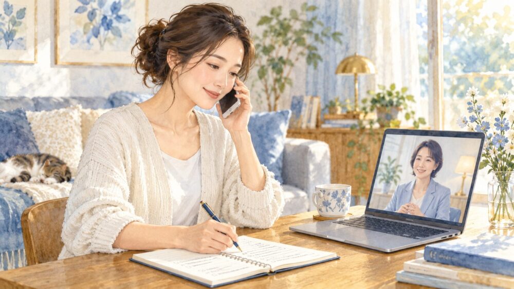 電話と画面越しの相談員に話を聞いてもらい、ノートに整理する女性。