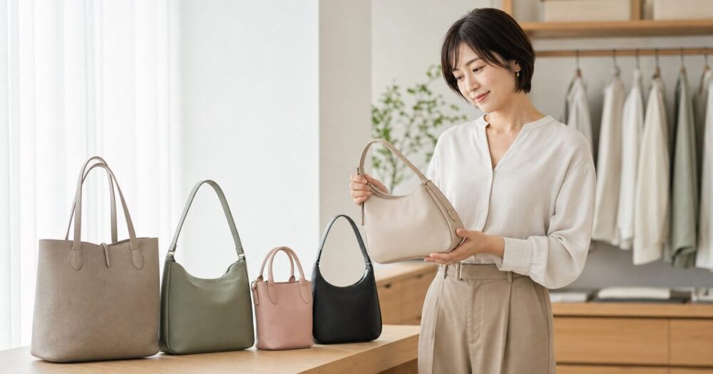 複数のバッグを前に自分に合うものを穏やかに考える日本人女性