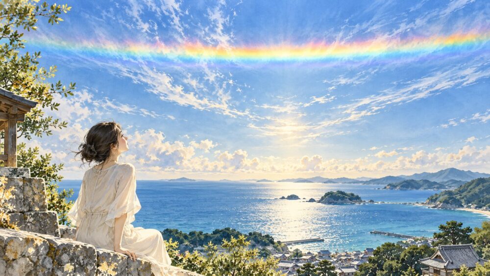 海辺の空に現れた、地平線と平行に伸びる環水平アーク。