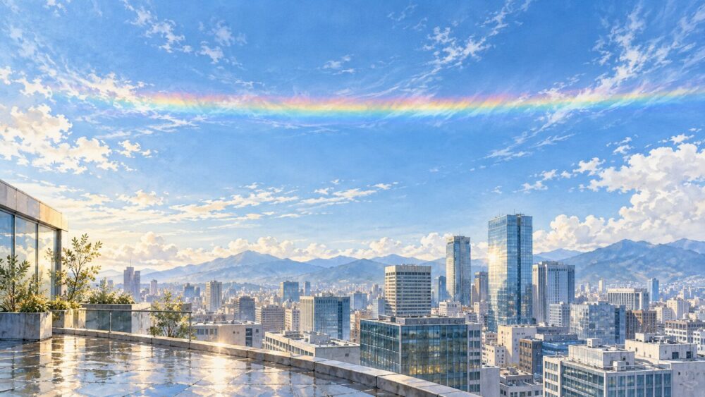 街並みの上に水平に広がる虹色の環水平アーク。