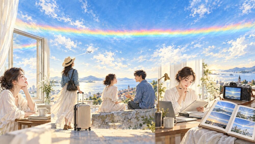 迷い・決断・恋愛・仕事など、環水平アークを見る人の状況を描いた情景。