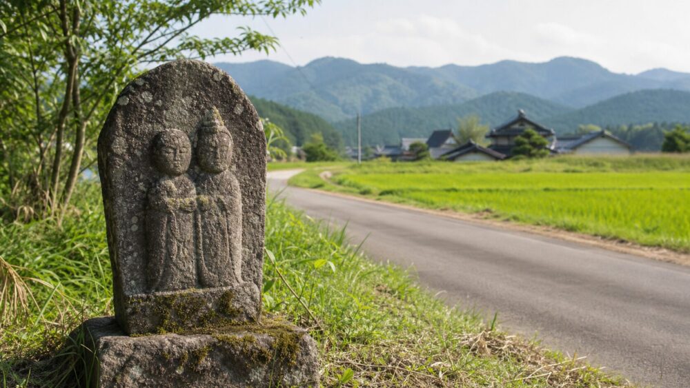 里道の脇に祀られた双体道祖神と周囲の風景