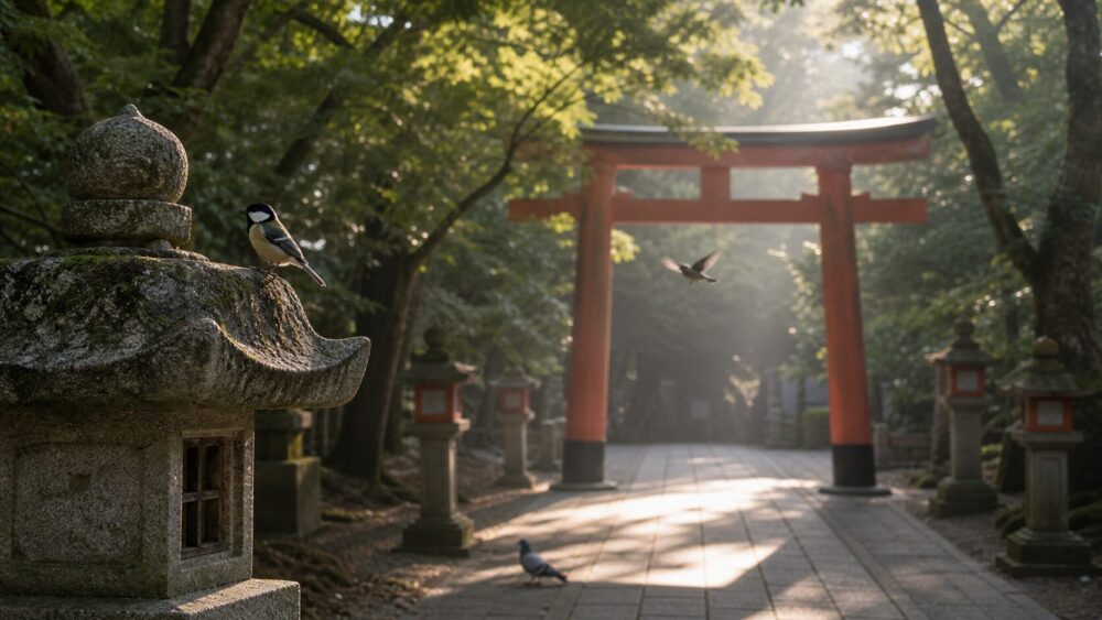 朝の神社の鳥居と石灯籠にとまる鳥