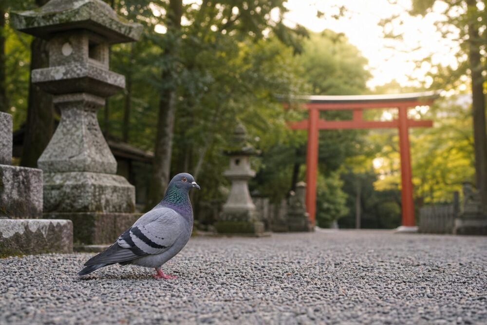 石灯籠と鳥居のある神社境内にたたずむ鳩