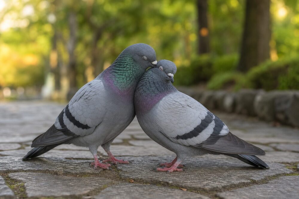 緑の公園で寄り添い羽づくろいをする二羽の鳩