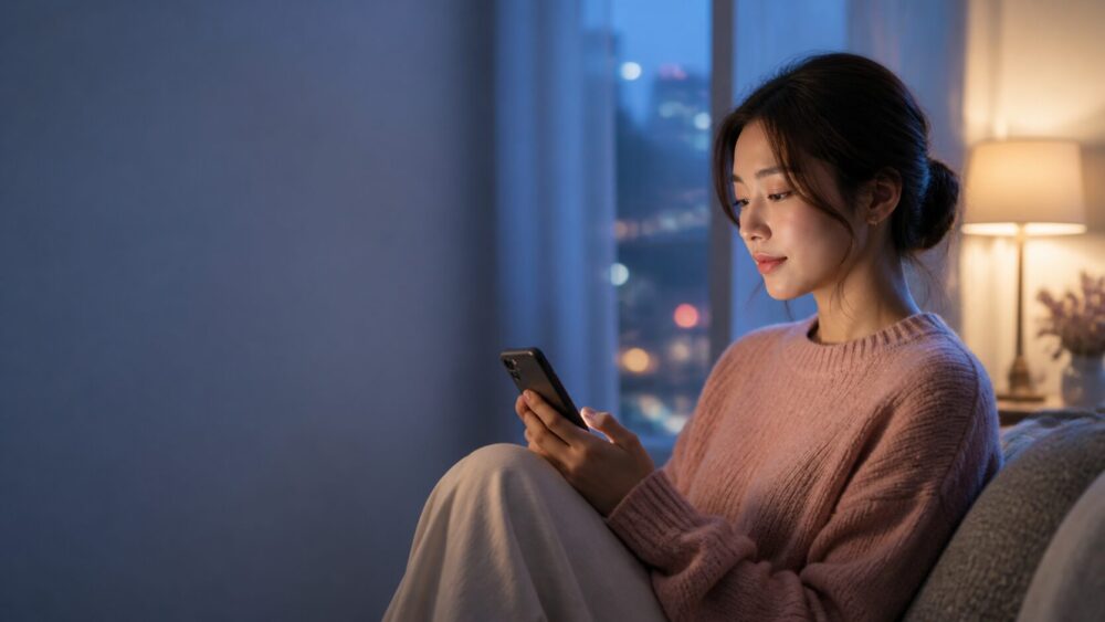 別れた後にスマートフォンを見つめる女性のイメージ