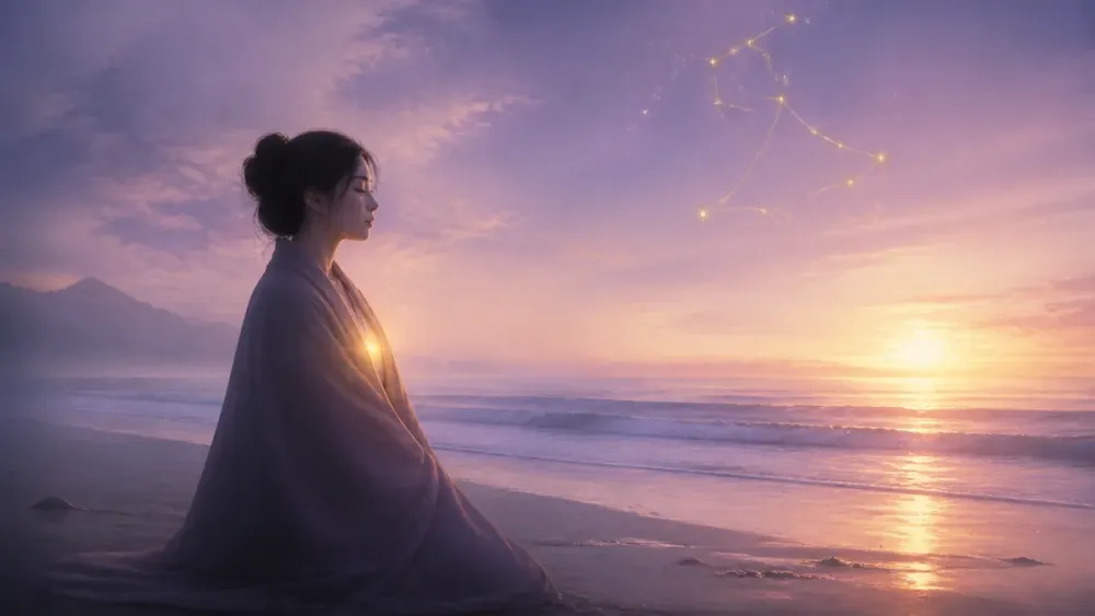 サイレント期間に海辺で自分と向き合う女性と遠くの星座