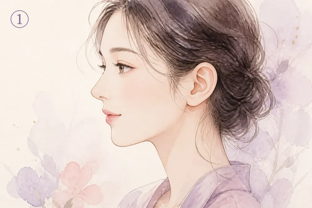 ①丸い耳を示す女性の横顔イラスト