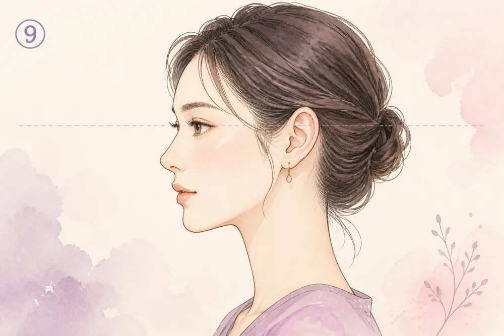 ⑨耳の位置が高いことを示す女性の横顔イラスト