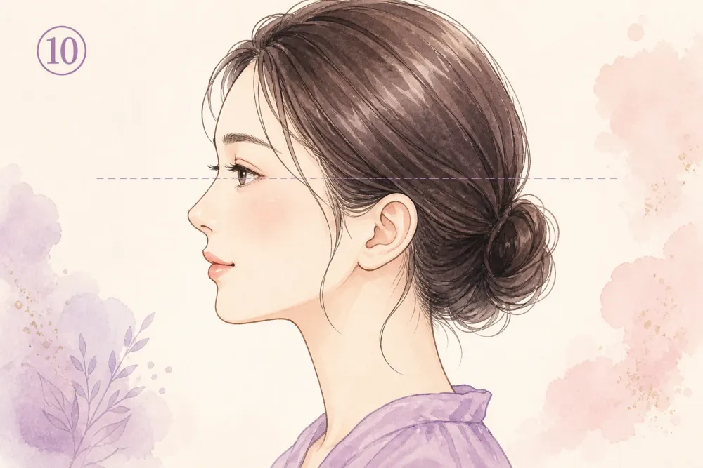 ⑩耳の位置が低いことを示す女性の横顔イラスト