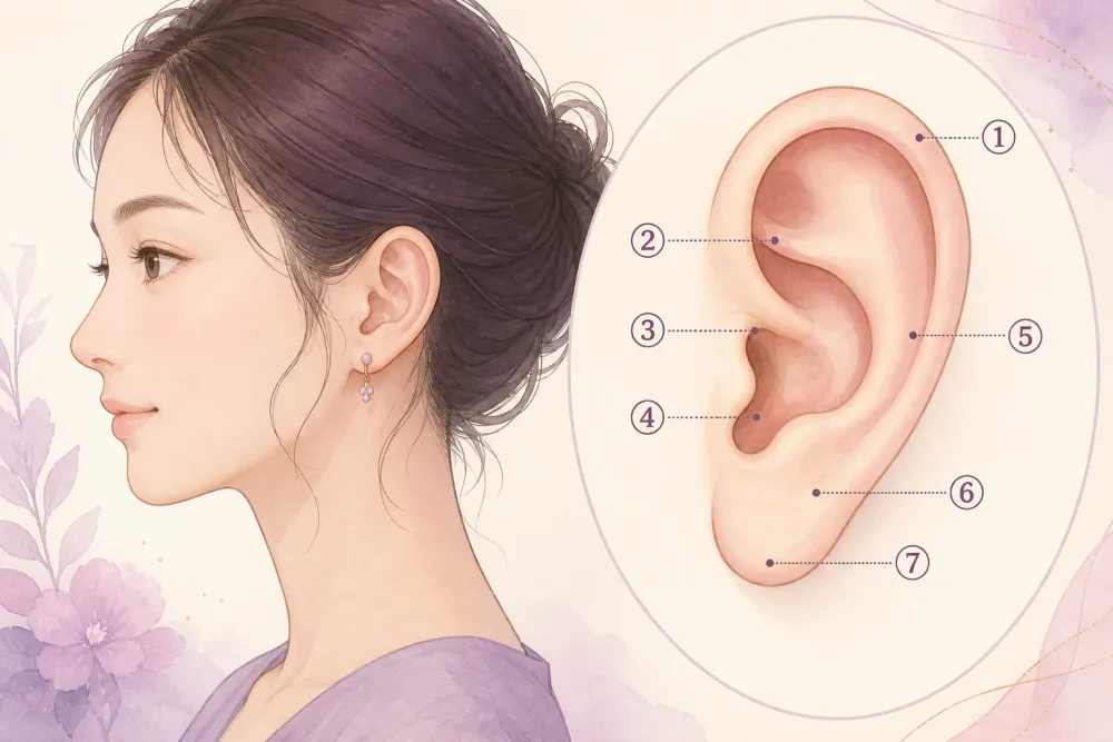 耳の解剖図と7つのチェックポイントを示す女性の横顔イラスト