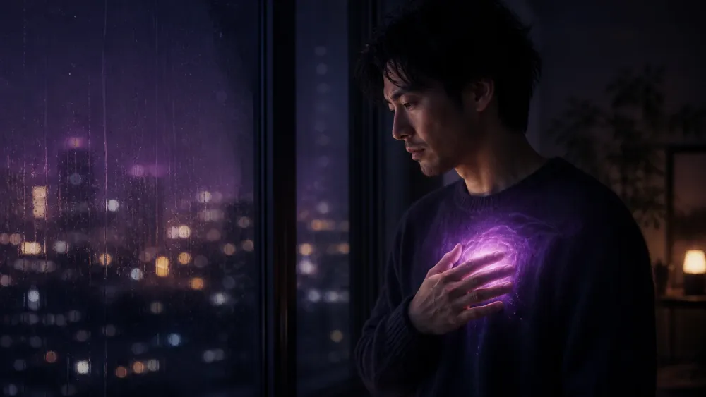 会えない時間に相手の胸へ紫の光が灯る、ツインレイ男性の葛藤を描いたイラスト