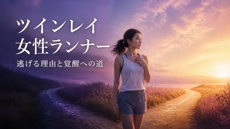 「ツインレイ 女性ランナー」の文字と、光と影の分岐点に立つ女性を描いたアイキャッチ