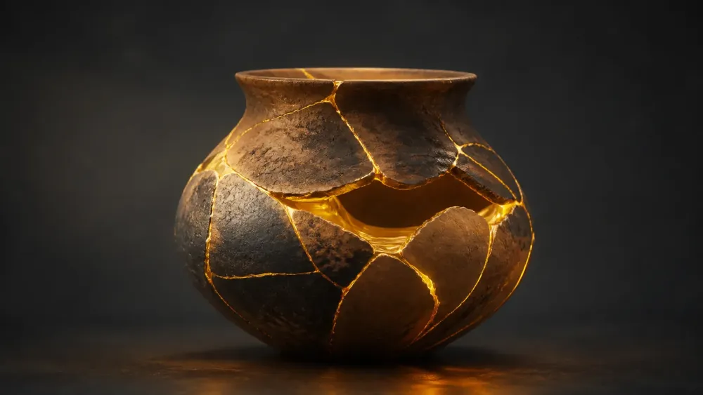 ひび割れた器を金色で修復し傷を知恵へ変える魂の錬金術を表すイラスト
