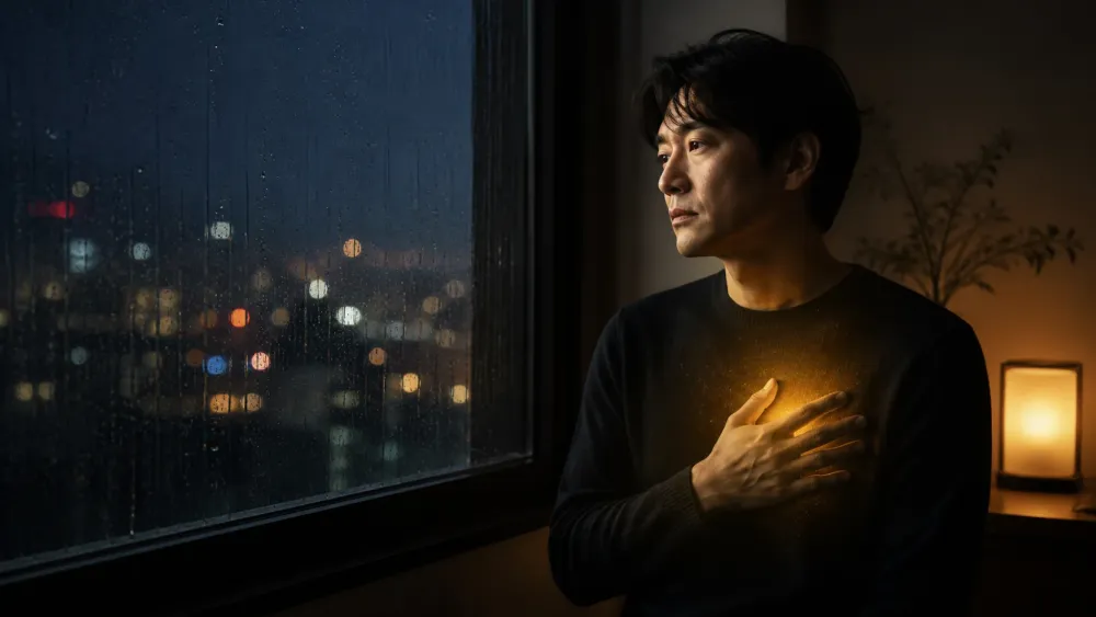 雨の窓辺で胸に手を当て、秘めた想いと葛藤を抱えるツインレイ男性のイラスト