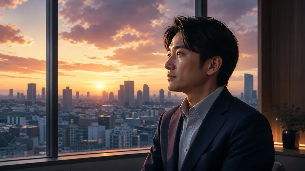 夕暮れの高層オフィスで知性と深い思索を見せるツインレイ男性のイラスト
