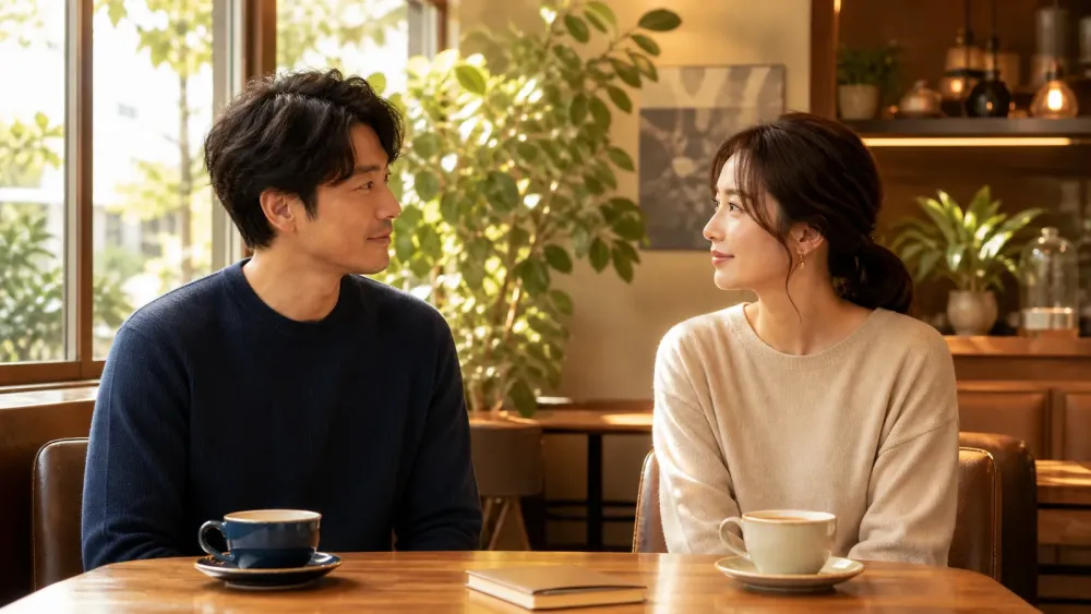 カフェで心を開き見つめ合いながら会話するツインレイの男女のイラスト