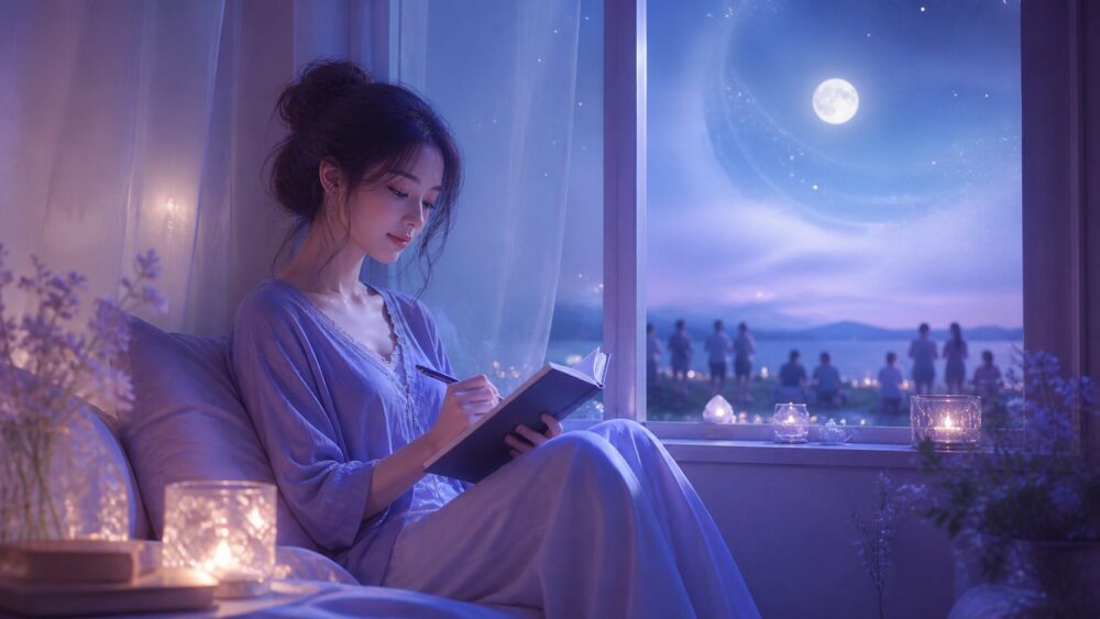月明かりの部屋で一人の時間を過ごし、自分の気持ちを見つめる女性のイラスト