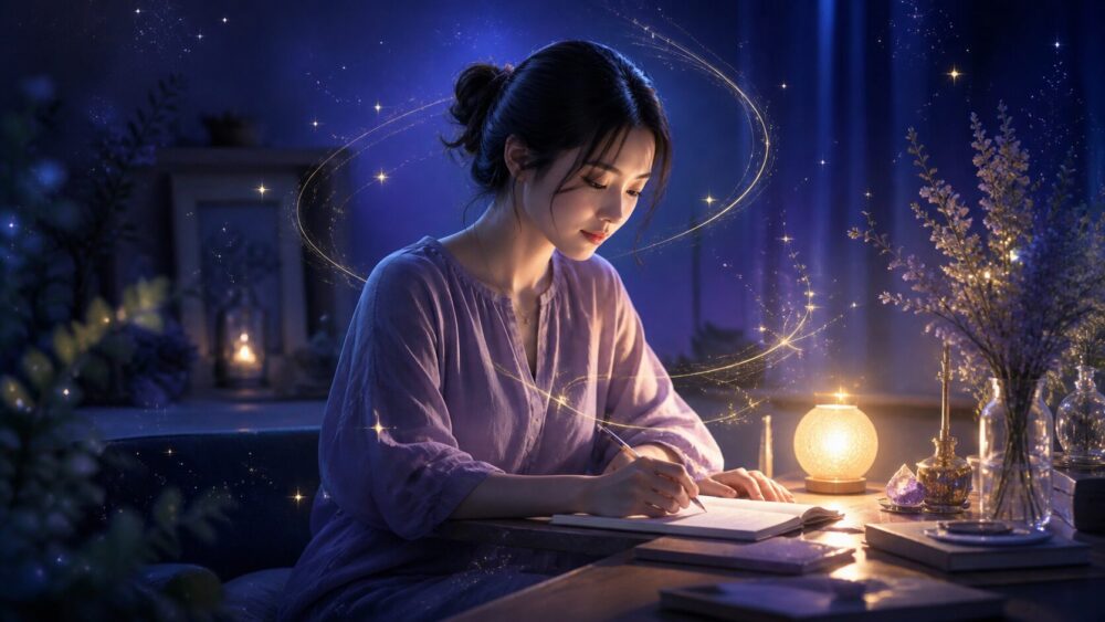 青い光の中で仕事や創作に集中する、マイペースな女性のイラスト