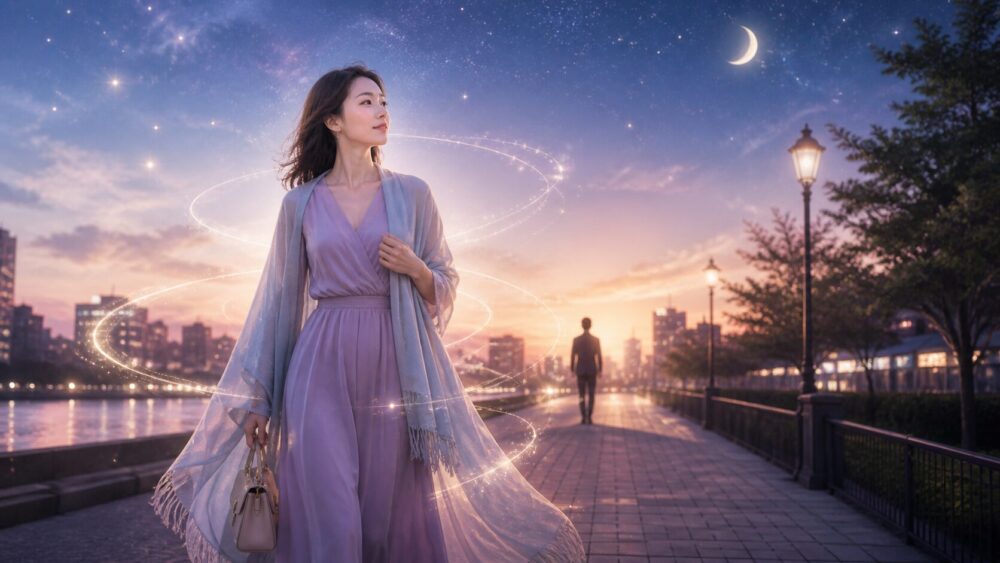 自分の道を歩く女性と、互いに尊重できる距離にいる男性を描いた青い夕暮れのイラスト