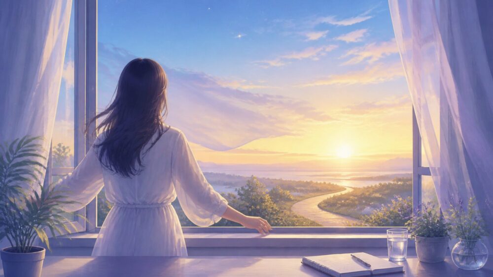 夜明けの窓辺で自分の道を見つめる女性の後ろ姿を描いた青と淡い金色のイラスト