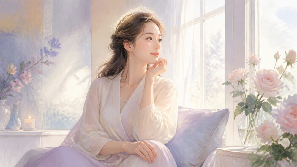 窓辺でティアラの光をまとい自分を大切にするツインレイ女性のイラスト