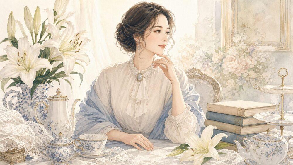 ティーセットや白いユリに囲まれた高貴な雰囲気のツインレイ女性のイラスト
