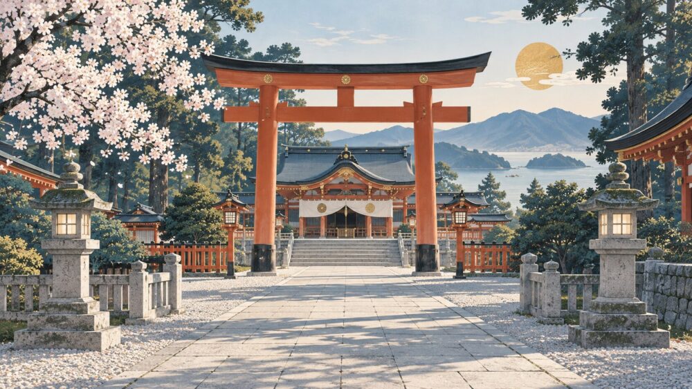 鳥居の向こうに静かな境内が広がる神社の参道。
