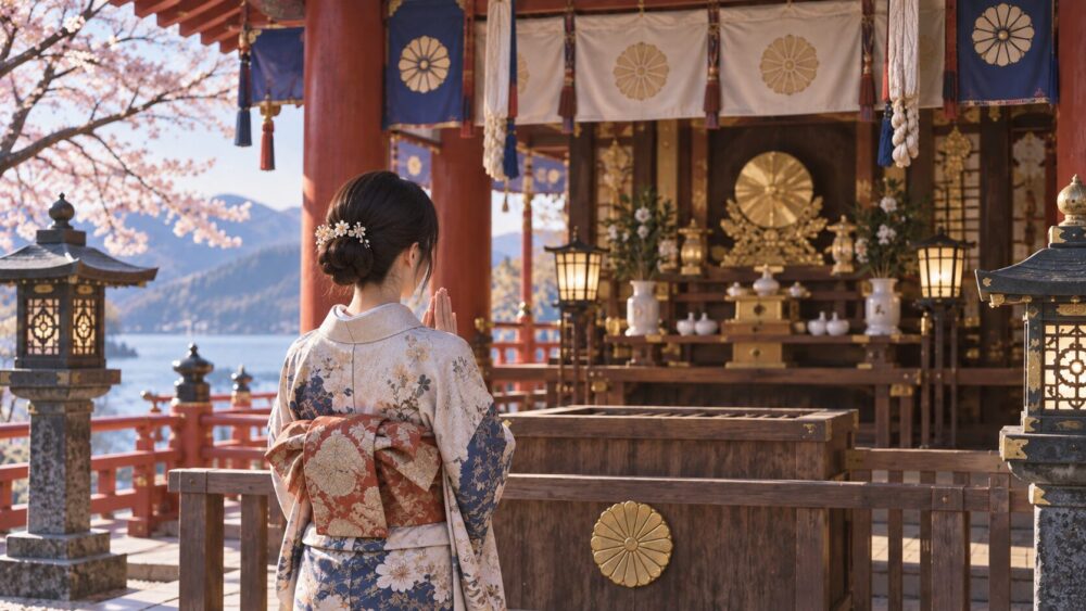 神社で静かに手を合わせる参拝者の後ろ姿。