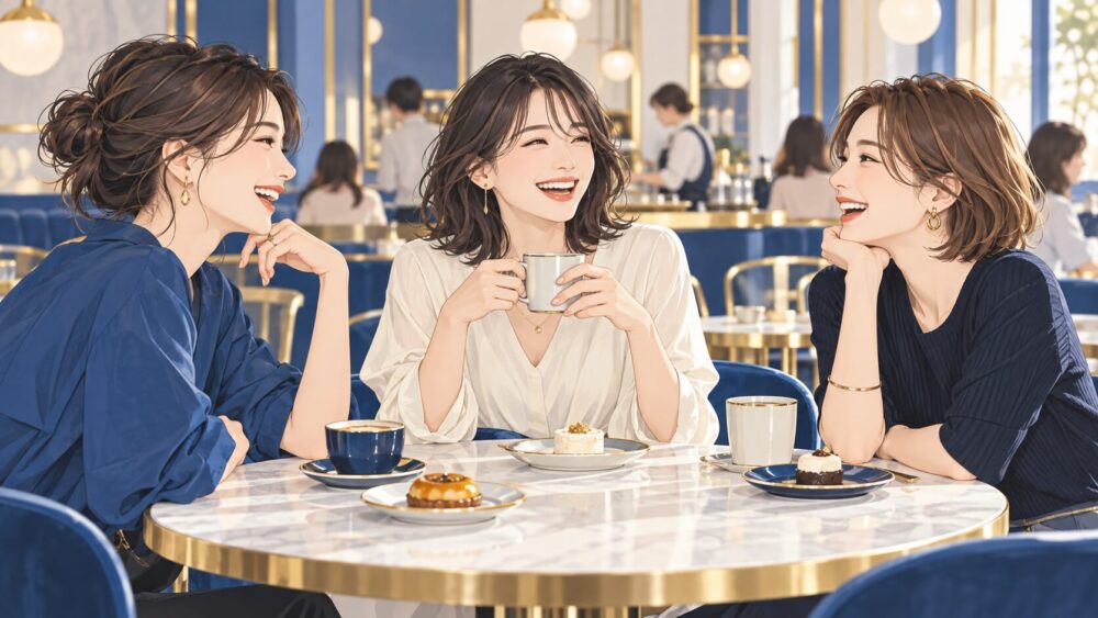 カフェで友人と笑い、自分の楽しみに時間を使う女性。