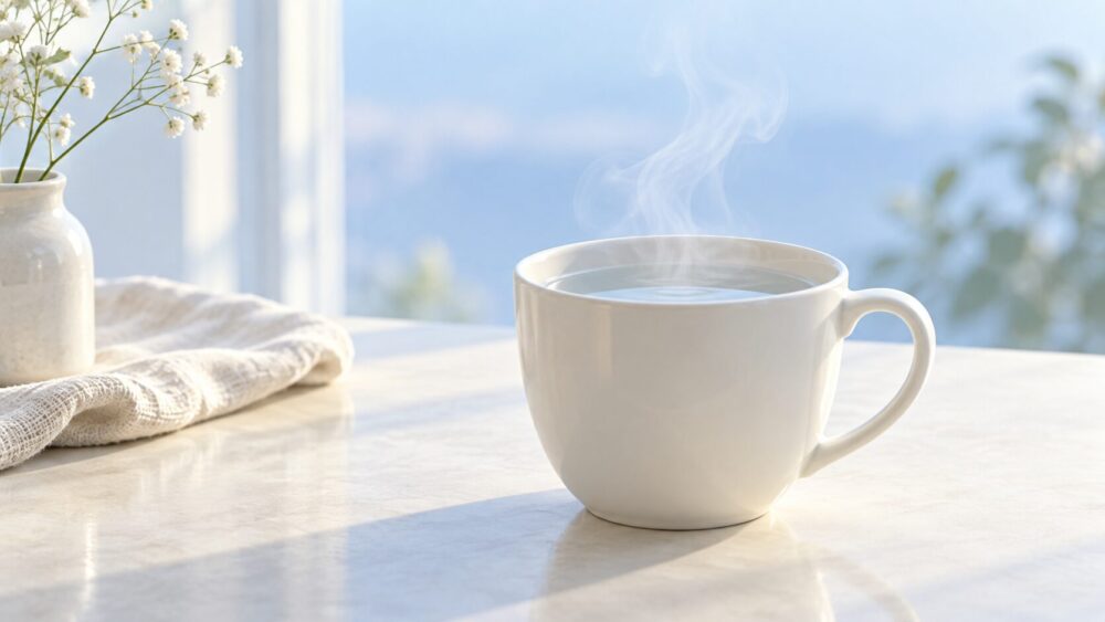 湯気が静かに立つシンプルな白湯のカップ。