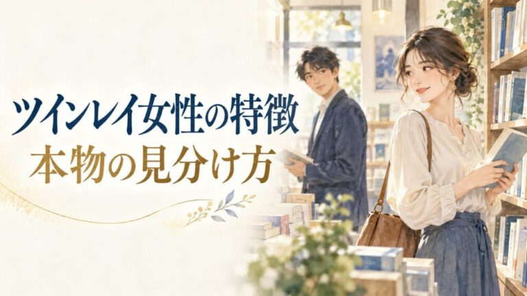 書店で笑顔を見せる女性と、少し離れて彼女を見つめる男性。