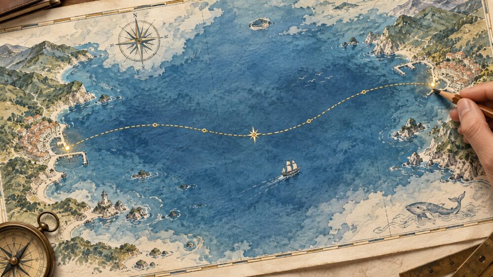 紙の海図で遠距離の航路を指し示す鉛筆と手。