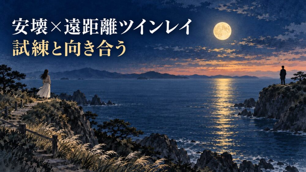 広い海を挟み、別々の岬に立つ男女と月明かりの航路。
