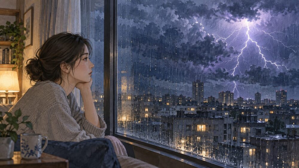 雨の夜、窓越しに遠くの稲妻を眺める女性。