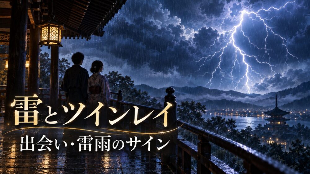 稲妻が雲を裂く嵐の夜、神社の軒下から空を見上げる二人。