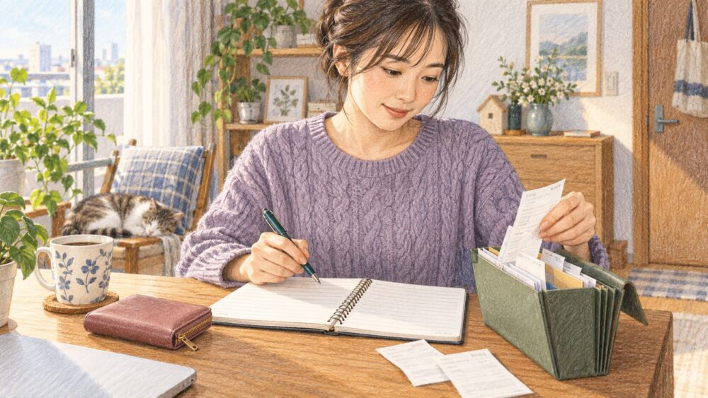 家計簿を見直し、収支を整理する女性の手元。
