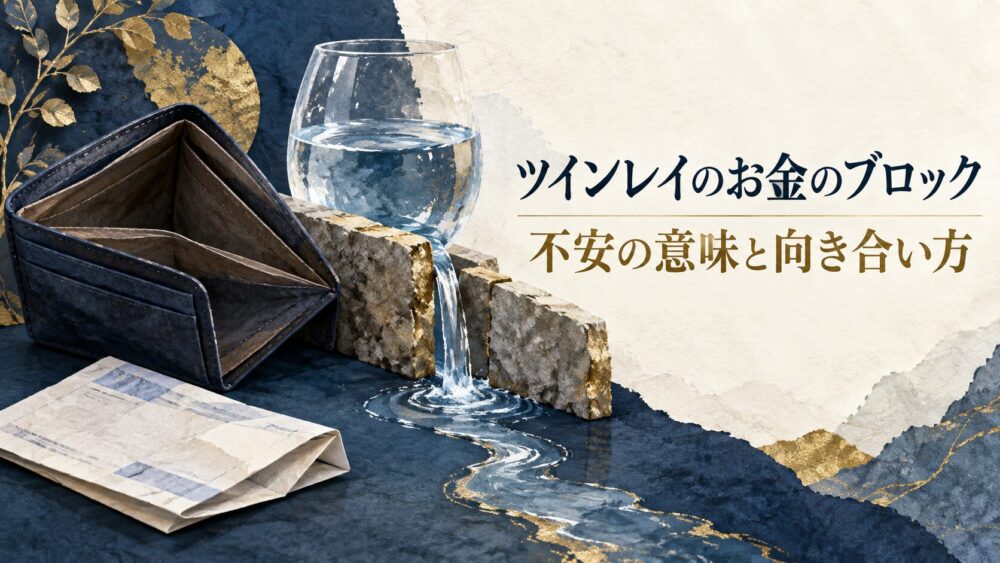 空の財布と水の流れを塞ぐ石の比喩で、ツインレイのお金のブロックを描いた静物。